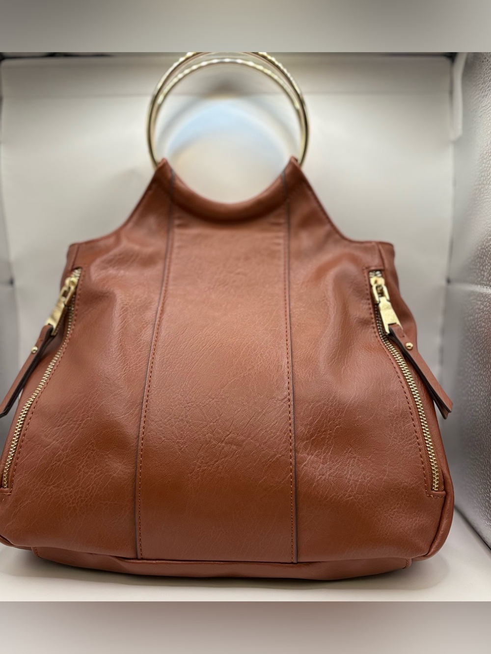 Classic Brown Tote with Gold Ring Handles